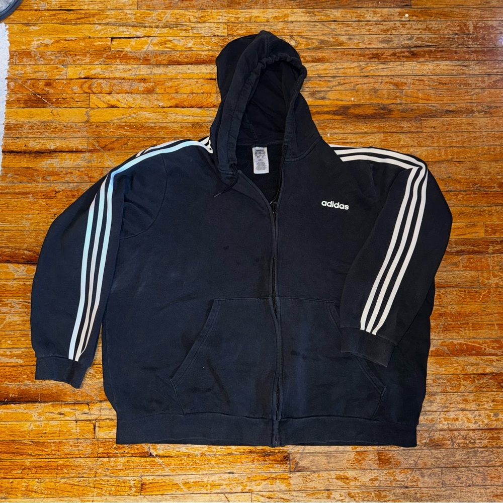 Adidas Black Zip-Up Hoodie with White Stripes
